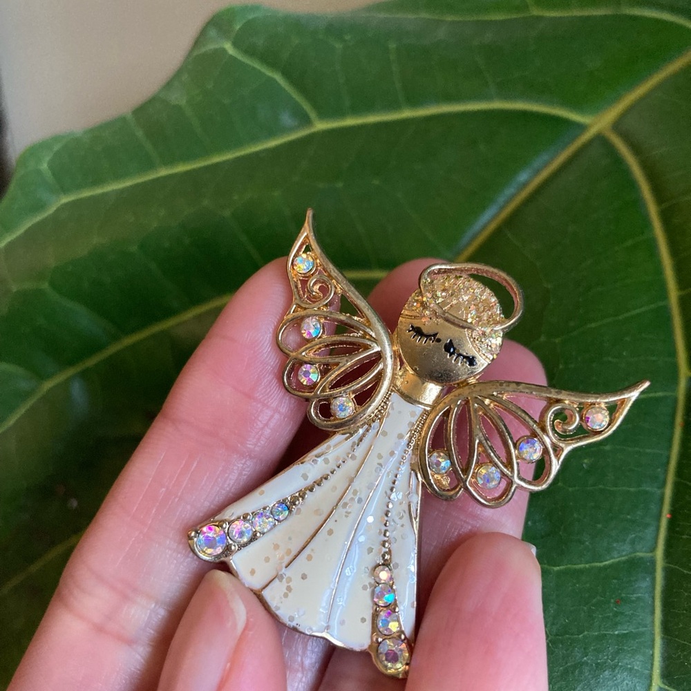 Gold and White Angel Brooch with Rhinestones